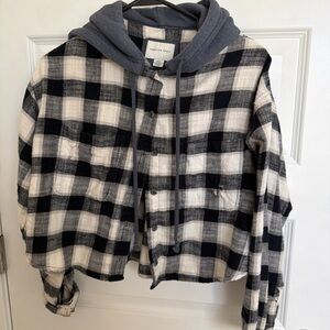 American Eagle Cotton Black and White Plaid Button Hooded Sweatshirt